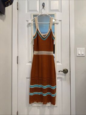 Absolutely Famous Rust Knit Midi Dress with Cream & Turquoise Trim